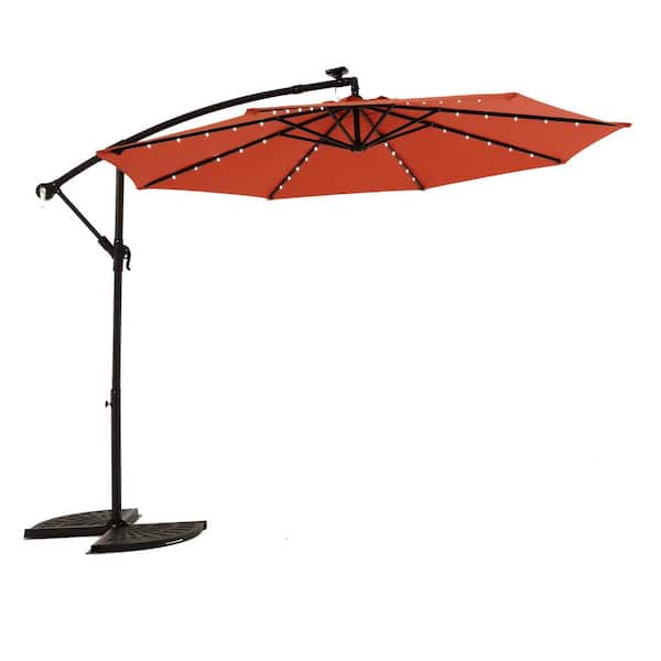 10 ft. Steel Solar LED Cantilever Patio Umbrella, Outdoor Market Umbrella with Hand Crank Tilt Adjust in Orange