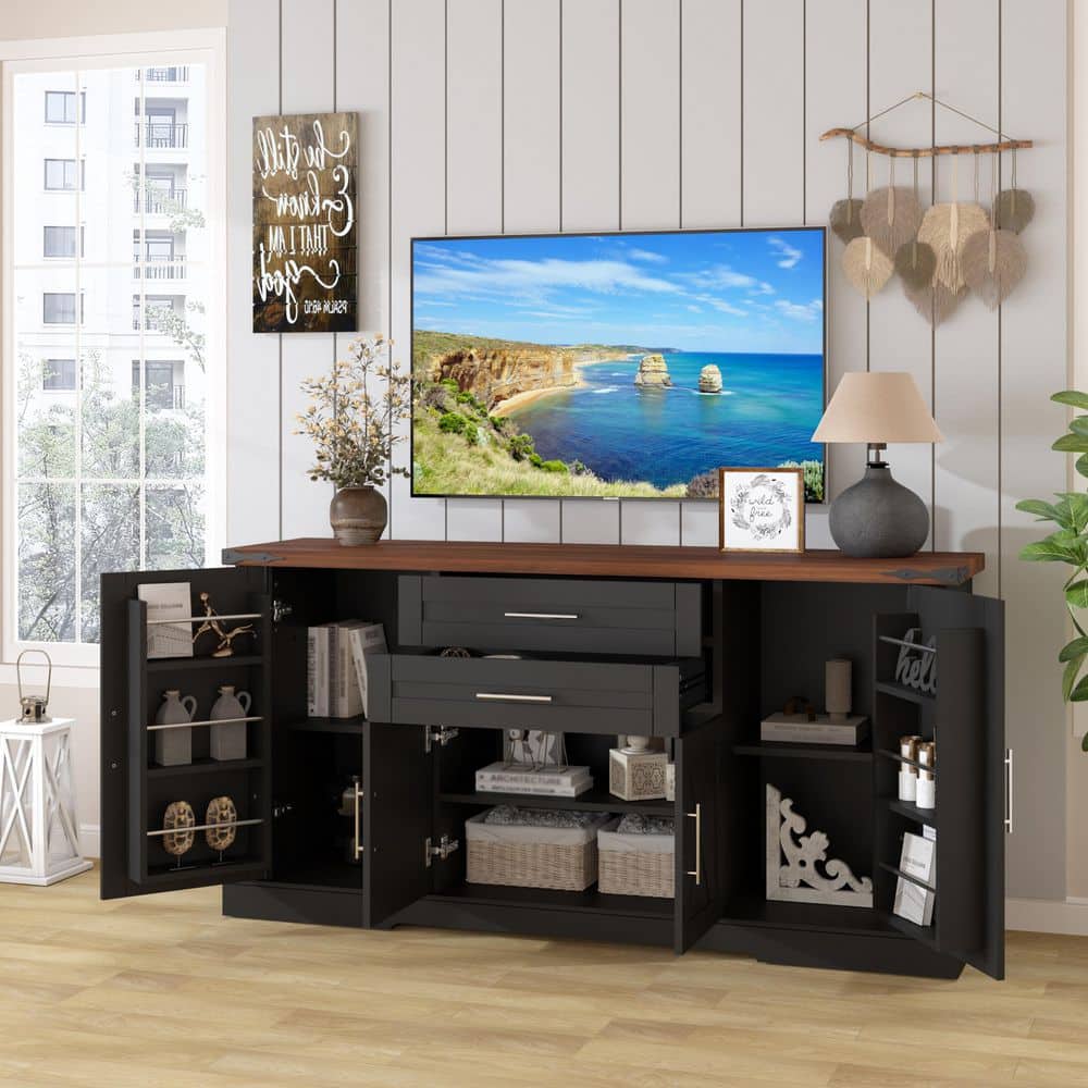63.11 in. Black and Dark Brown MDF Wood Sideboard Buffet Cabinet with 2 Drawers, Door Racks and Adjustable Shelves