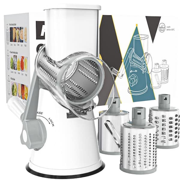 White Rotary Cheese Grater Hand Crank Cheese Shredder for Fresh Cheese, Vegetable, Free Cleaning Brush Three Blades