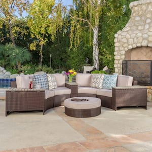 Lachlan Brown 8-Piece Wicker Outdoor Sectional Set with Textured Beige Cushions and Ice Bucket