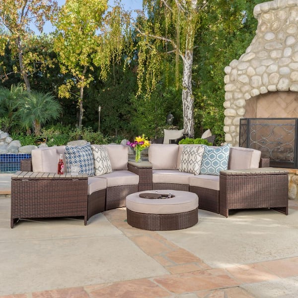 Noble House Lachlan Brown 8-Piece Wicker Outdoor Sectional Set with Textured Beige Cushions and Ice Bucket