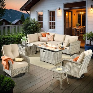 Vinceny Gray 9-Piece Wicker Patio Rectangle Fire Pit Conversation Set with Beige Cushions and Swivel Chairs