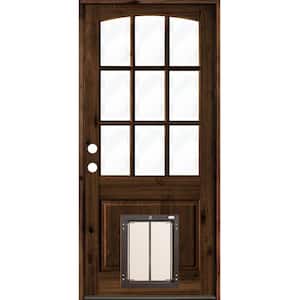32 in. x 80 in. Knotty Alder Right-Hand/Inswing 9-Lite Clear Glass Red Mahogany Stain Wood Prehung Front Door w/Dog Door