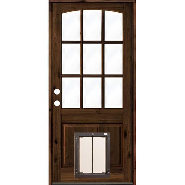 Krosswood Doors 32 in. x 80 in. Knotty Alder Right-Hand/Inswing 9-Lite Clear Glass Red Mahogany Stain Wood Prehung Front Door w/Dog Door