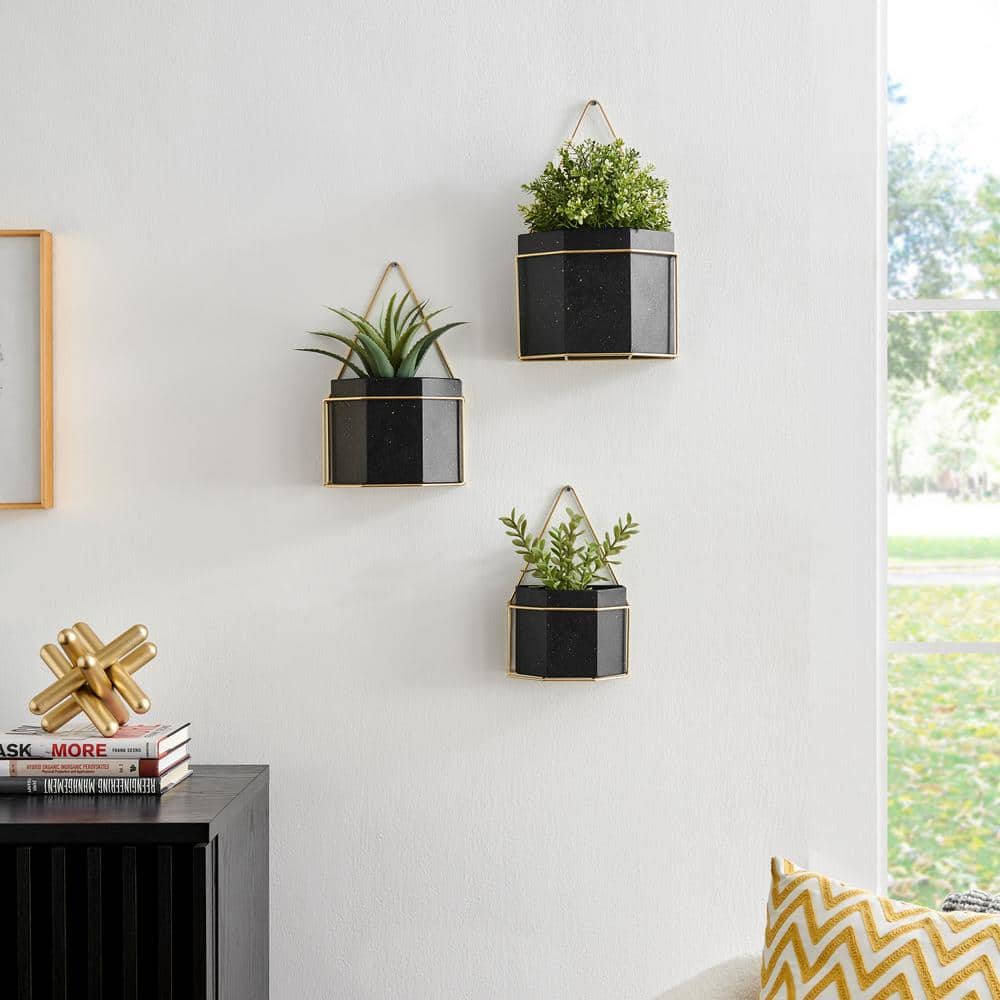 Set of 3 Black and Gold Geometric Metal Wall Planters