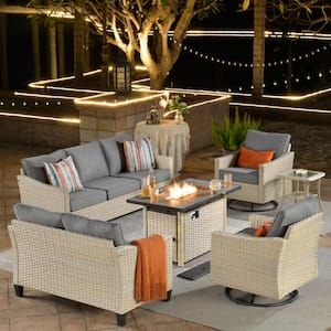 Oconee Beige 6-Piece Wicker Outdoor Patio Conversation Sofa Loveseat Set with a Fire Pit and Dark Gray Cushions