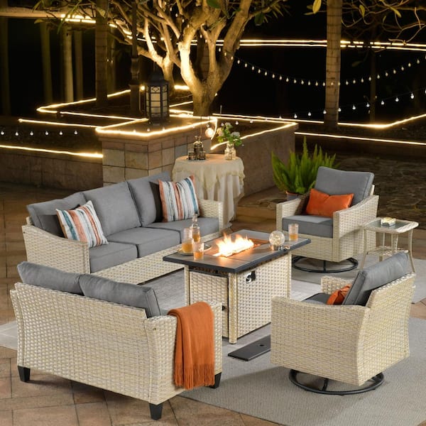 HOOOWOOO Oconee Beige 6-Piece Wicker Outdoor Patio Conversation Sofa Loveseat Set with a Fire Pit and Dark Gray Cushions
