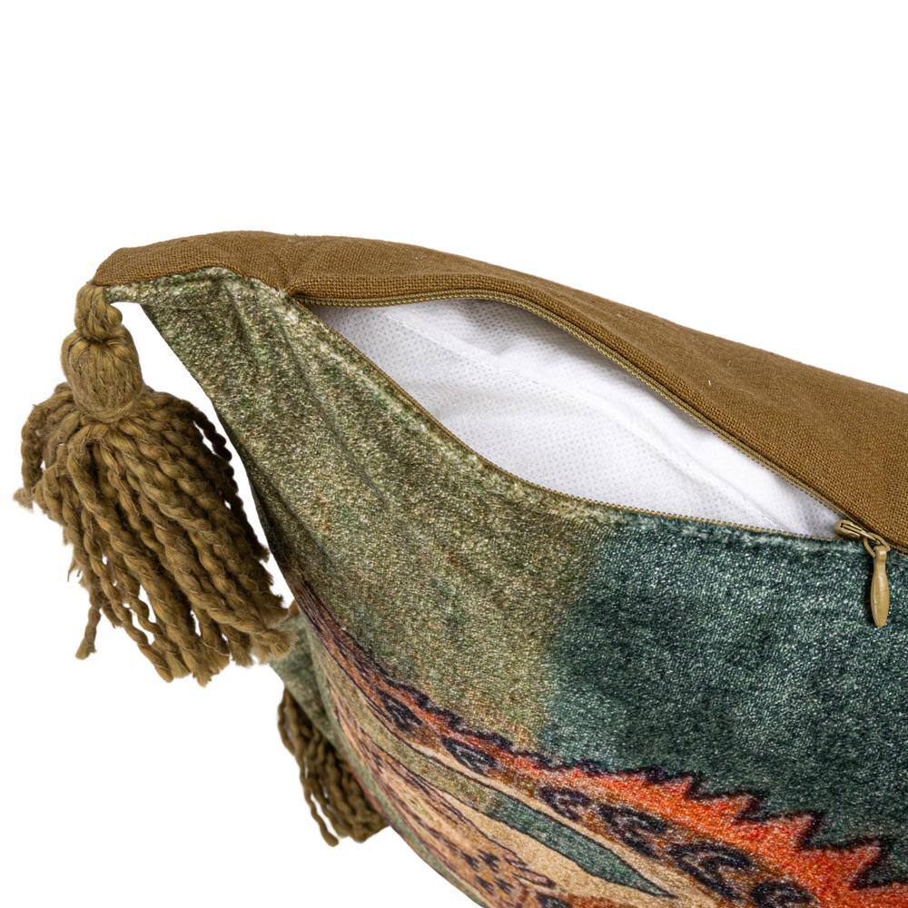Multicolor Cotton Velvet Tiger Lumbar Pillow with Tassels