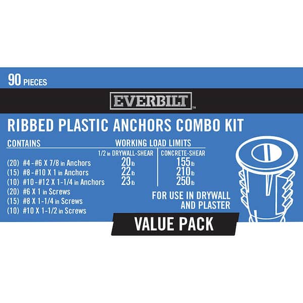 Everbilt Plastic Ribbed Anchor Kit 20 EA #4-6 x 7/8 in 15 EA Anchors #8-10 x 1 in 10 EA #10-12 x 1-1/4 in 20 EA Anchors & Screws