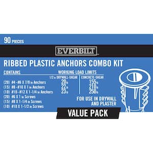 Plastic Ribbed Anchor Kit 20 EA #4-6 x 7/8 in 15 EA Anchors #8-10 x 1 in 10 EA #10-12 x 1-1/4 in 20 EA Anchors & Screws