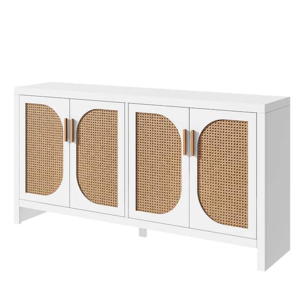 Polibi White TV Stand Fits TV's up to 65 in. with Adjustable Shelves and Rattan Doors