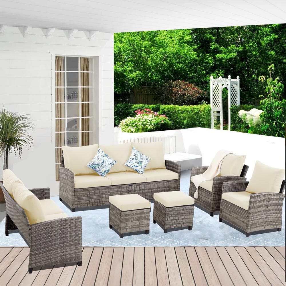 5-Piece Gray Wicker Outdoor Sectional Set with Beige Cushions and Ottoman