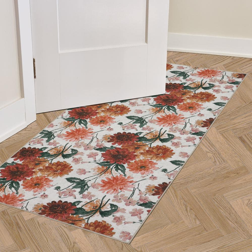 Laura Ashley Red Floral Chenille Washable Non-Slip Runner Rug Set