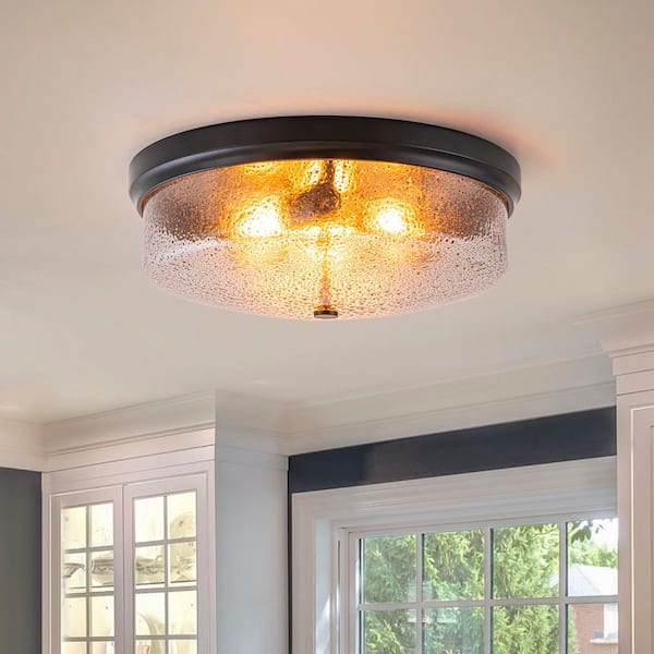 Matera 15.9 in. 3-Light Matte Black Drum Flush Mount Light with Smoked Seeded Glass Shade