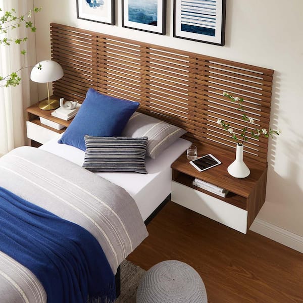 MODWAY Render Wall Mount Twin Headboard and Modern Nightstands in Walnut