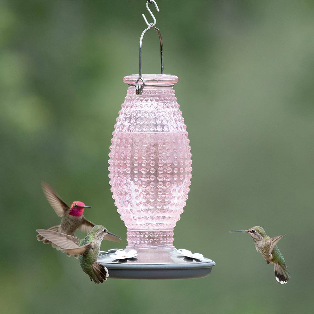 Cranberry Hobnail Glass and Metal Hummingbird Feeder