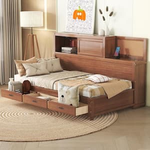 Brown Wood Twin Size Daybed with Storage Shelves, 3-Drawers, Cork Board, USB Ports, Slide-Door Compartment