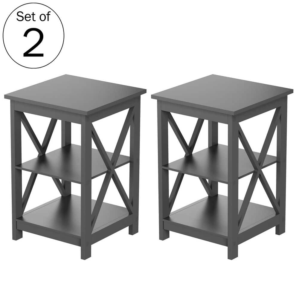 Gray Wooden X-Leg End Tables with Shelves, Set of 2