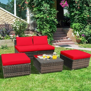5-Piece Wicker Outdoor Chaise Lounge with Red Cushions