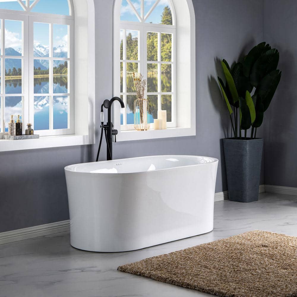 67" White Freestanding Acrylic Air Soaking Bathtub with Brushed Nickel Trim