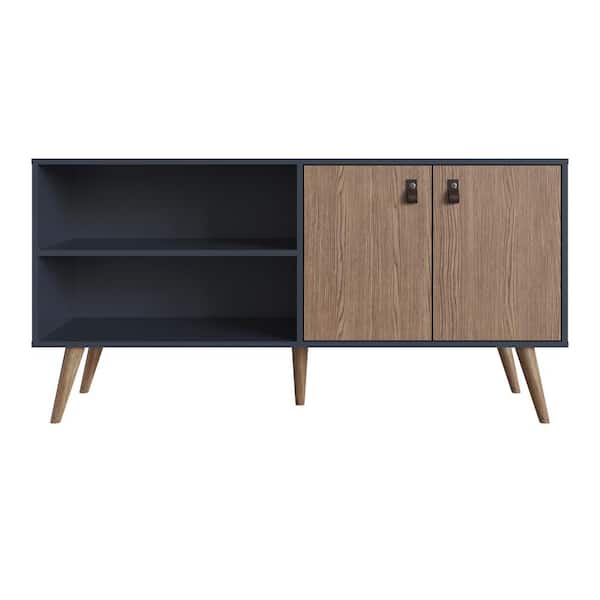 Manhattan Comfort Amber 53.7 in. Blue and Nature tv Stand with Faux Leather Handles Fits tvs up to 50 in.