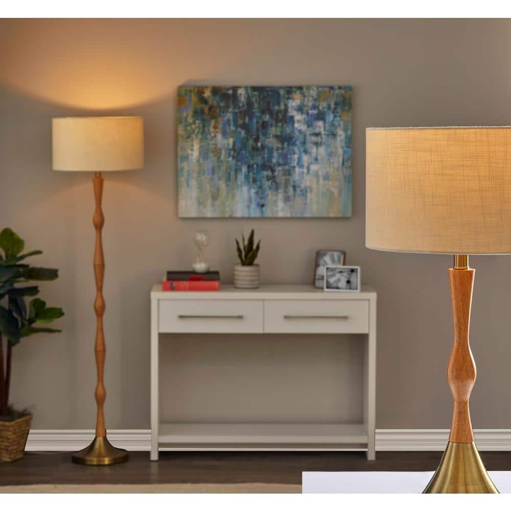 Antique Brass & Natural Oak Off-White Shade Modern Bohemian Floor Lamp