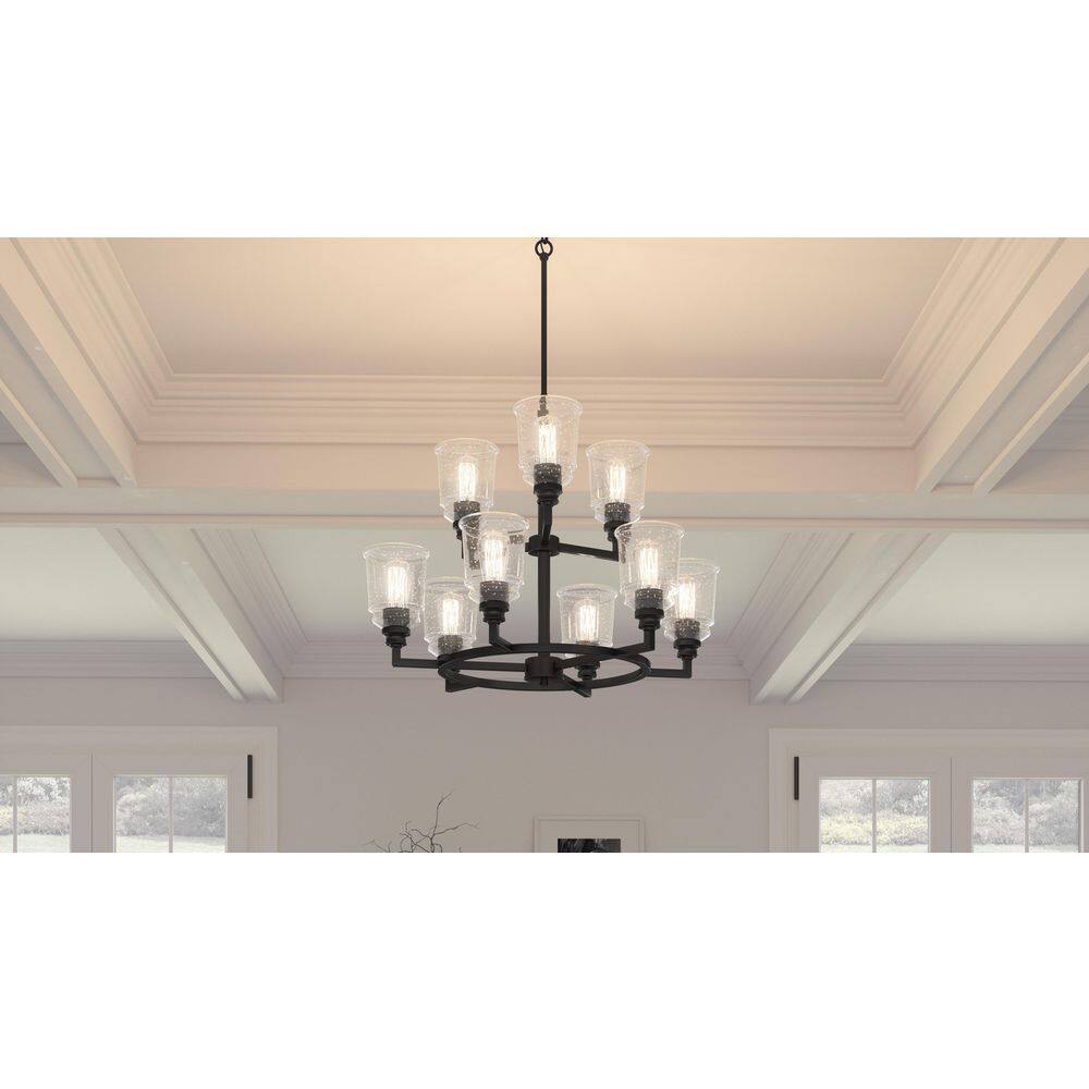 McIntire Matte Black 9-Light Chandelier with Clear Seedy Glass