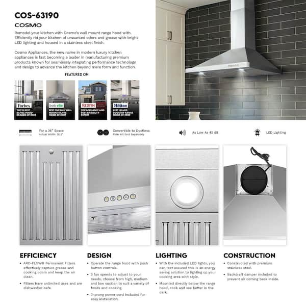 Cosmo 36 in. Vista Collection 380 CFM Ducted Wall Mount Range Hood