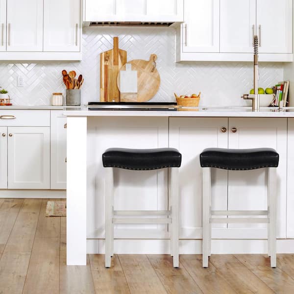 Jameson 29 in Bar Height Antique White Wood Backless Barstool with Black Faux Leather Upholstered Saddle Seat (Set of 2)