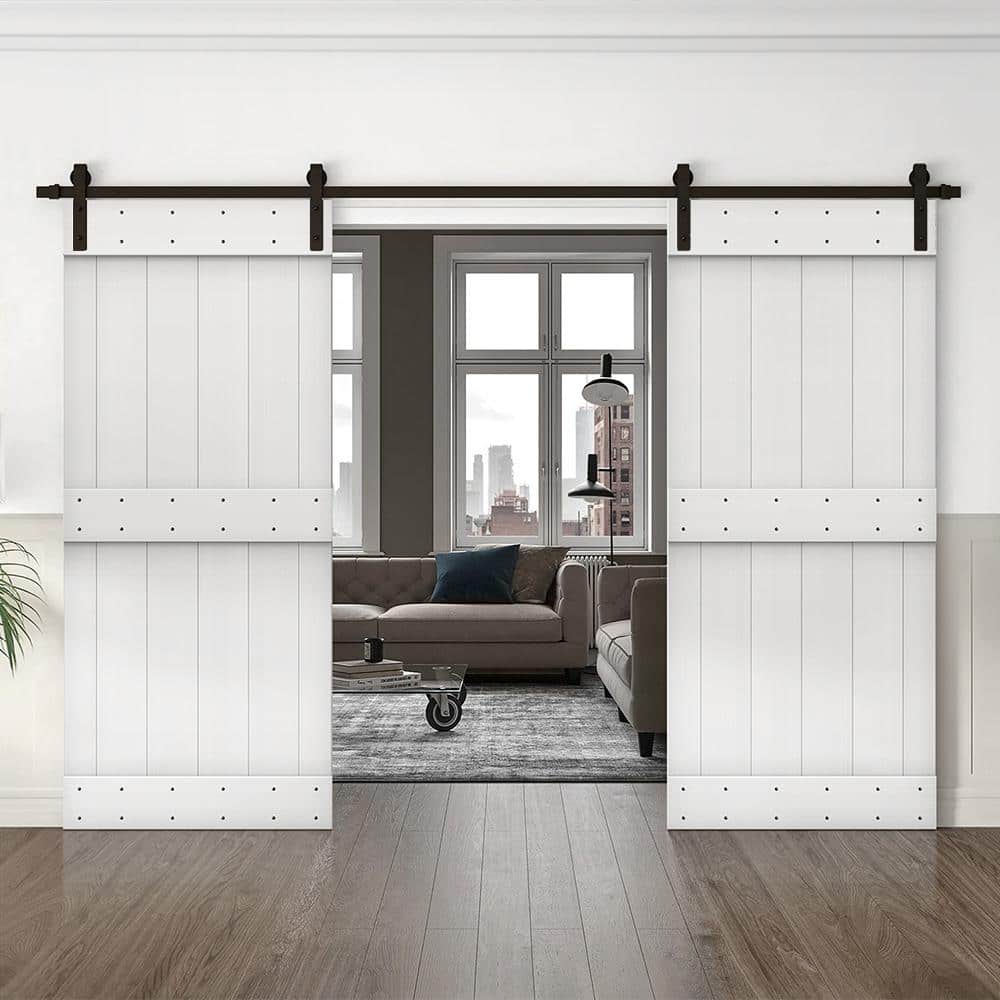 Pure White Solid Pine Double Barn Door with Oil-Rubbed Bronze Hardware