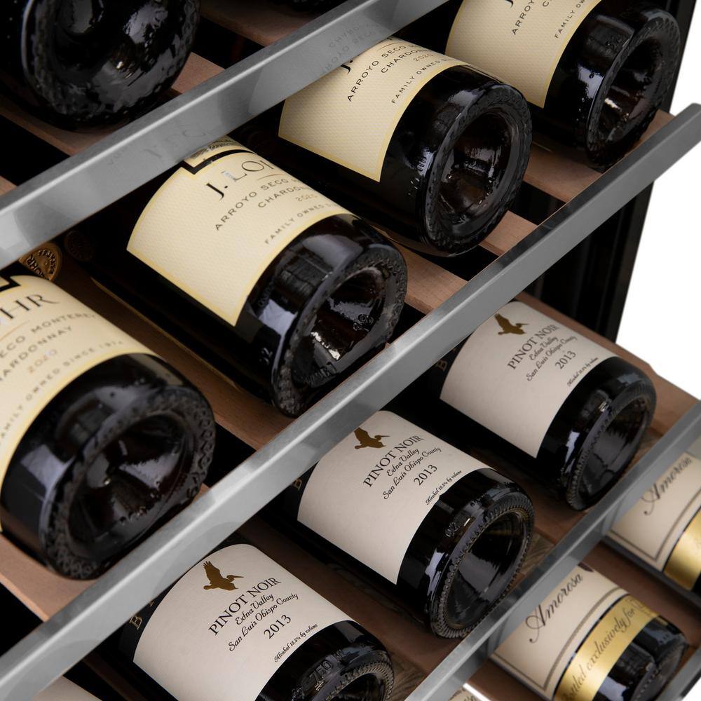 Stainless Steel Dual Zone Wine Cooler with Gold Handle and Interior Lighting