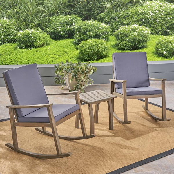 Noble House Candle Grey 3-Piece Wood Patio Conversation Set with Dark Grey Cushions
