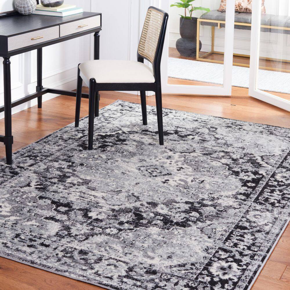 Madison Black and Gray Floral Bordered 9' x 12' Area Rug