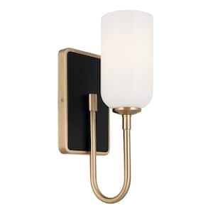 Solia 13.5 in. 1-Light Champagne Bronze with Black Bathroom Wall Sconce Light with Opal Glass Shade