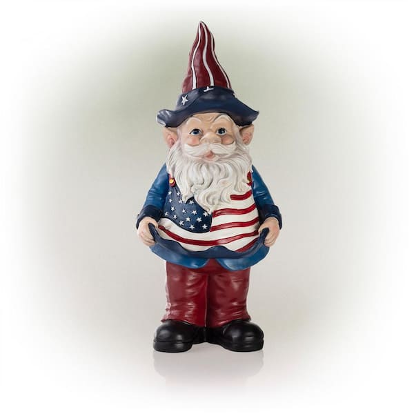 Alpine Corporation 12 in. Tall Outdoor Americana Garden Gnome with American Flag Bird Feeder and Yard Statue Decoration