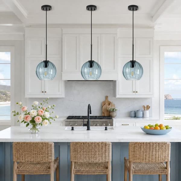 Rayhome 1-Light Coastal Blue Pendant Hanging Light with Ribbing Glass for Kitchen Island, Dining Room