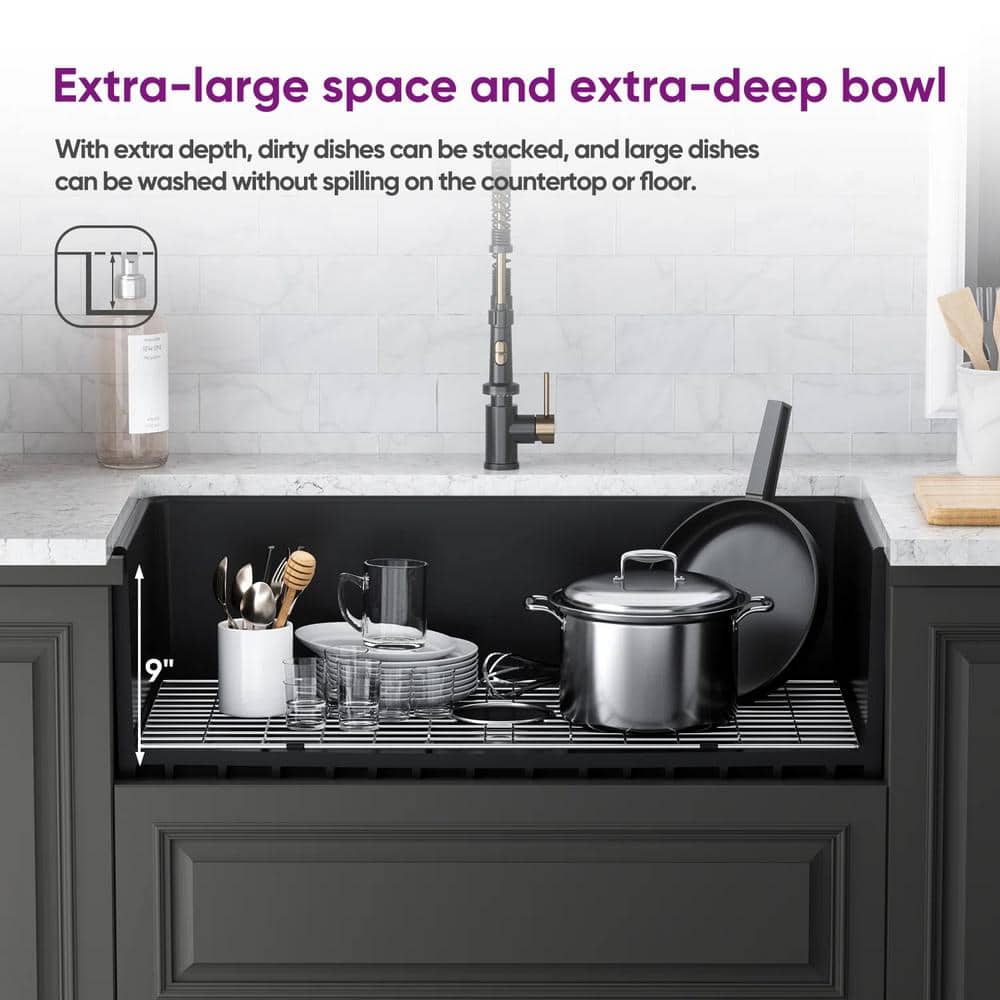 Matte Black Fireclay Farmhouse Kitchen Sink with Grid and Strainer