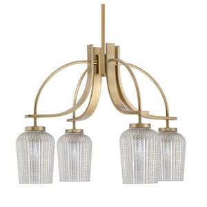 Olympia 16.75 in. 4-Light New Age Brass Downlight Chandelier Silver Textured Glass Shade