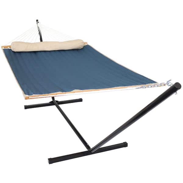 Sunnydaze 10-3/4 ft. Quilted Double Fabric 2-Person Hammock with Spreader Bars Pillow and Stand in Tidal Wave