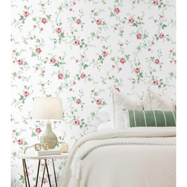 56 Sq. Ft. Blush and Spearmint Meadow Floral Trail Pre-Pasted Paper Wallpaper Roll