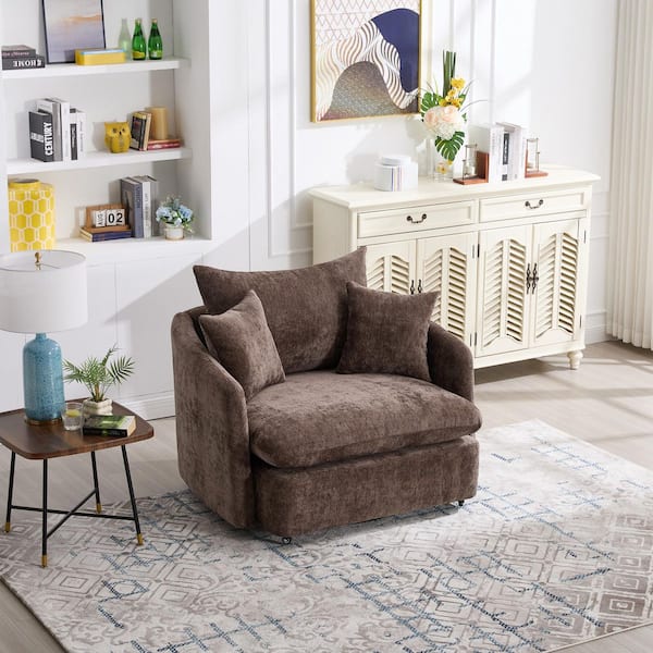 Dovrell Modern Brown Chenille Upholstered Swivel Accent Arm Chair with Pillows