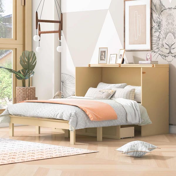 Polibi Golden Wood Frame Full Murphy Bed with Drawer and a Set of Sockets and USB Ports, Modern Design