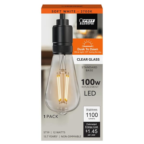 Feit Electric 100-Watt Equivalent ST19 Straight Filament Dusk to Dawn Clear Glass E26 Vintage Edison LED Light Bulb, Soft White 2700K