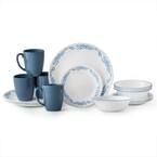 Classic 16-Piece Country/Cottage Blue Flower Pattern Glass Dinnerware Set (Service for 4)