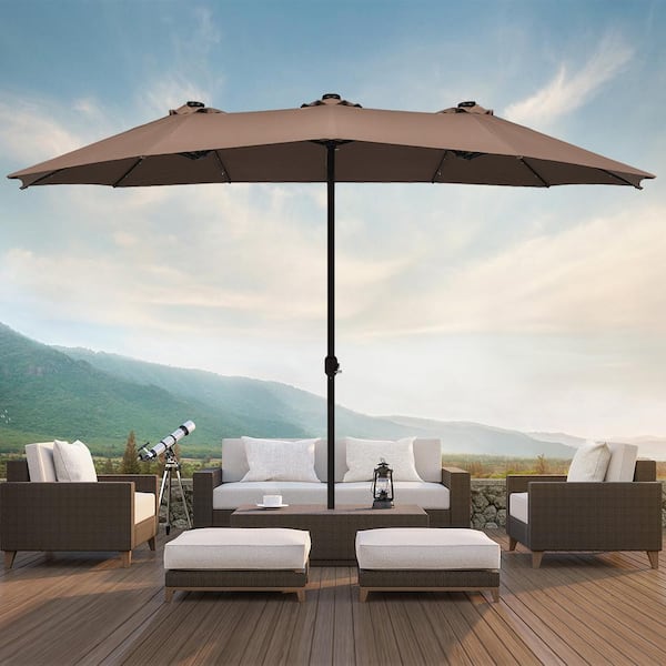 Costway 15 ft. Steel Frame Market Solar LED Patio Umbrella Powered 36-Lights in Brown
