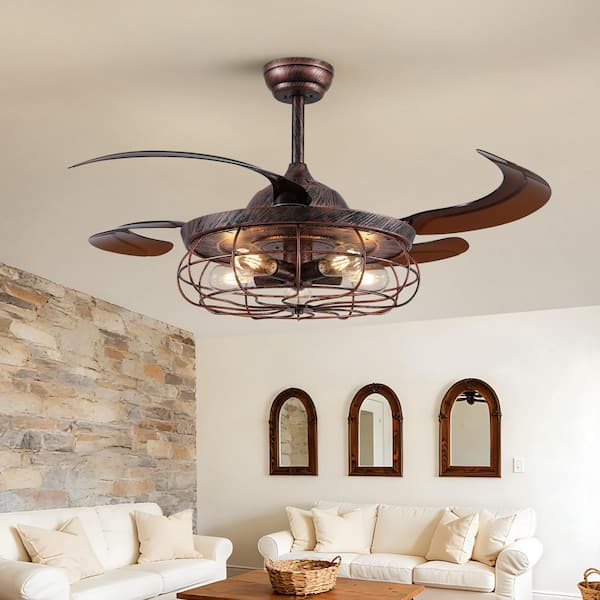 48 in. Brown Rust Retractable Caged Downrod Ceiling Fan with Lights and Remote Control for Dining Room and Living Room