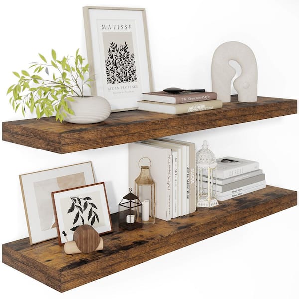 36 in. W x 12 in. D Rustic Brown Floating Shelves with Invisible Brackets, Decorative Wall Shelf Set of 2