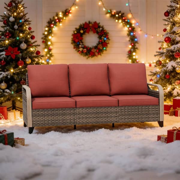 Brown 1-Piece Wicker Rattan Outdoor Patio Sectional Set 3-Seat Sofa with Red Cushions