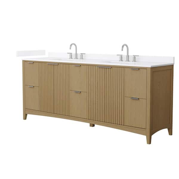 Palmilla 84 in. Double Freestanding Natural Oak Bath Vanity with White Quartz Top Assembled
