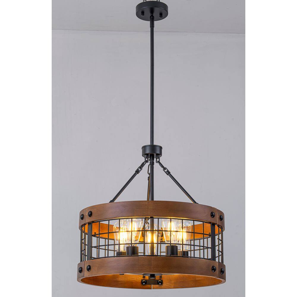 19 in. 5-Light Matte Black Rustic Farmhouse Chandelier Industrial Wood Pendant Light for Dining Room price history on PriceWatchPro